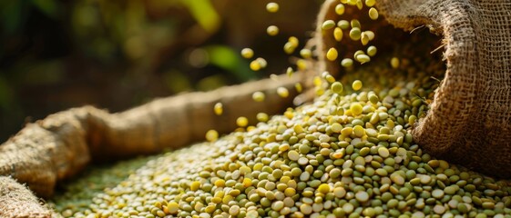 A burlap sack spills out a cascade of green and yellow beans, capturing the essence of agricultural abundance and freshness.