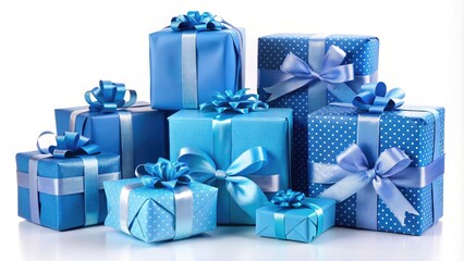 Assortment Of Blue Wrapped Presents And Gift Boxes Tied With Bows Against A White Background