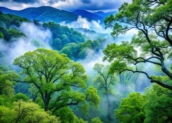 Obraz premium Blue-gray mist shrouds the vibrant green canopy of ancient oak and maple trees in Asheville's picturesque Blue Ridge Mountain forests.