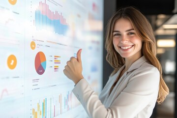 A businesswoman smiling and giving a thumbs-up, standing beside a digital survey interface that shows positive ratings and a high overall satisfaction score
