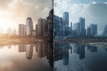 Obraz premium A city skyline divided in two- one half modern and prosperous, the other half crumbling and polluted, representing the global disparity between wealth and poverty