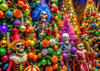 Clashing holiday cheer abounds as garish Halloween skeletons and ghosts mingle with bright Christmas trees, wreaths, and ornaments in a chaotic, colorful display of mixed festivity.