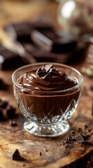 Glass bowl of creamy chocolate pudding with chocolate chunks on wooden table. Dessert and indulgence concept