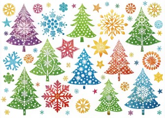 Colorful and delicate Christmas stencils featuring festive shapes, snowflakes, and trees, ideal for DIY crafts, scrapbooking, and holiday decorations on white backgrounds or textures.