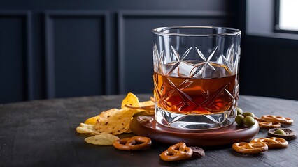 Glass of whiskey with ice cubes and salty snacks on the background