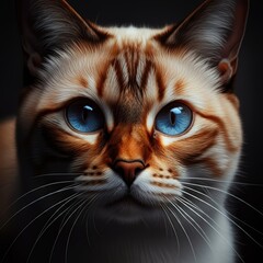 A closeup photograph of a cat's face,highly detailed fur texture,striking blue eyes with depth and dimension,realistic cat portrait,vibrant colors,dramatic lighting and contrast,moody and atmospheric