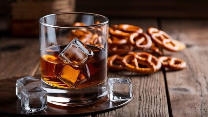 Glass of whiskey with ice cubes and salty snacks on the background
