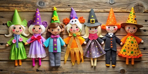 Colorful array of DIY Halloween costumes crafted with fabric, felt, and glitter, featuring witches, ghosts, and animals, on a rustic wooden background.