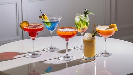 Various alcoholic cocktails on white background