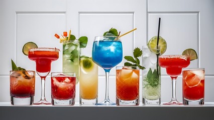 Various alcoholic cocktails on white background