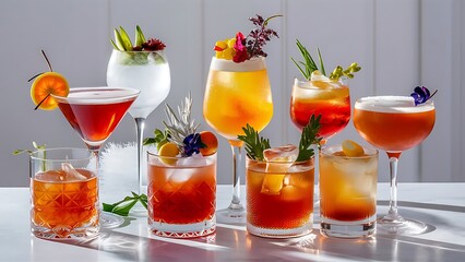 Various alcoholic cocktails on white background