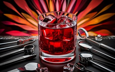 Glass of cold negroni cocktail ice cubes and bartender tools on color background