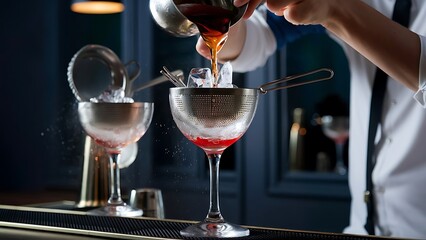 Close up view of mixing cup with steel strainer from which the drink is poured into a glass with ice