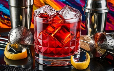 Glass of cold negroni cocktail ice cubes and bartender tools on color background