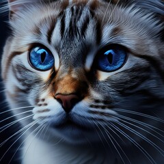 A closeup photograph of a cat's face,highly detailed fur texture,striking blue eyes with depth and dimension,realistic cat portrait,vibrant colors,dramatic lighting and contrast,moody and atmospheric