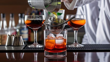 Close up view of mixing cup with steel strainer from which the drink is poured into a glass with ice