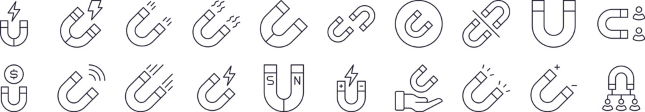 Magnet Line Icon Set. Editable Stroke. Minimalistic Linear Pictogram for Design of Cards, Apps, Banners, Posts