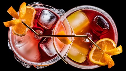 Two vibrant cocktails and orange zest garnishes shot from above with ice cubes on a black background