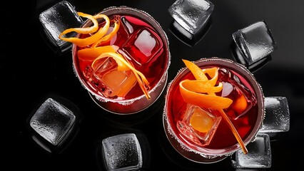 Two vibrant cocktails and orange zest garnishes shot from above with ice cubes on a black background