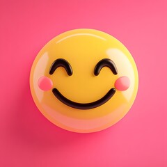 Fototapeta premium A smiling yellow emoji with rosy cheeks on a pink background, symbolizing happiness.