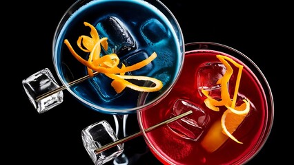 Two vibrant cocktails and orange zest garnishes shot from above with ice cubes on a black background