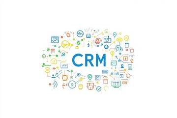 Fototapeta premium A vibrant collection of digital network icons encircles the letters CRM, illustrating modern concepts in customer relationship management and emphasizing connectivity and data flow.