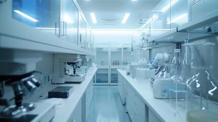 Bright and Sterile Medical Research Laboratory Interior with Various Scientific Equipment Such as Microscopes Beakers Test Tubes and Other Glassware for Scientific Experiments Analysis