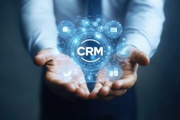 A person gently cradles an abstract visualization of a CRM system, highlighted by interconnected digital network icons representing innovation in customer relationship management.