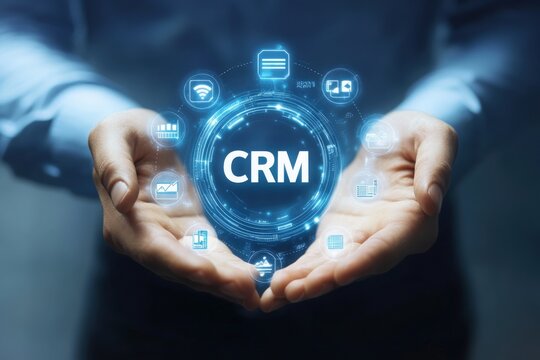 A pair of hands holds a futuristic CRM interface surrounded by diverse digital network icons, symbolizing the integration of technology in business processes