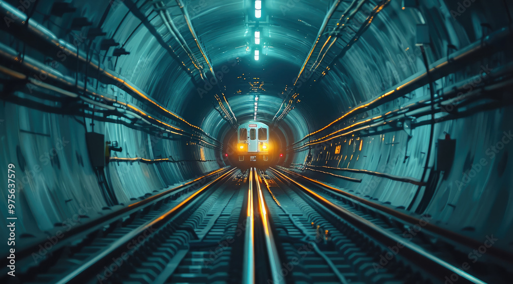 Poster View of railway track inside the tunnel with train coming from far. Generative AI.