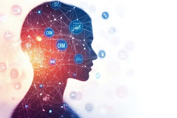 This artwork illustrates a human silhouette filled with digital network icons, embodying the essence of customer relationship management in a vibrant, interconnected world.