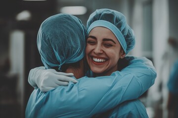 A nurse in blue scrubs joyfully embraces a patient, showcasing the warmth and connection felt in a hospital