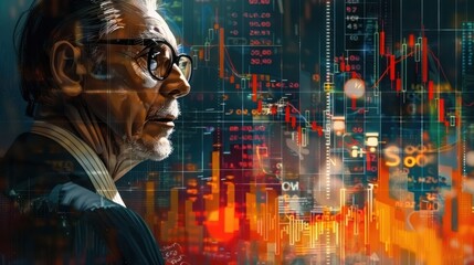 Successful businessman intently analyzing complex financial data market charts and investment trends displayed on multiple digital screens