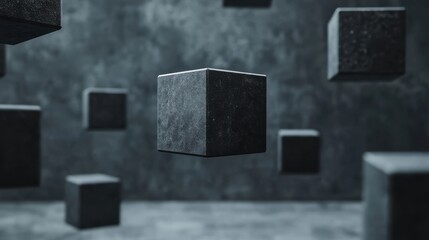 Abstract floating cubes in a dark, textured space, creating a mysterious and modern atmosphere for design and backgrounds.