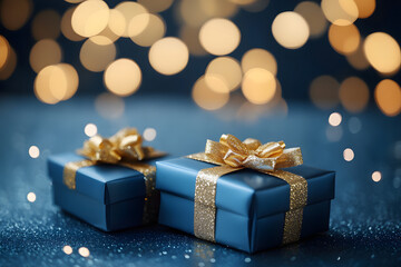 Blue Christmas gift boxes with gold bow on blue defocused holiday background