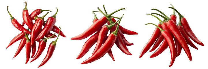  Set of a vibrant group of red chili peppers transform background.