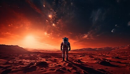 Obraz premium An astronaut explores a red planet under the dusky sky, with distant mountains and planets visible. The scene captures the spirit of space exploration and the unknown, ideal for sci-fi and futuristic