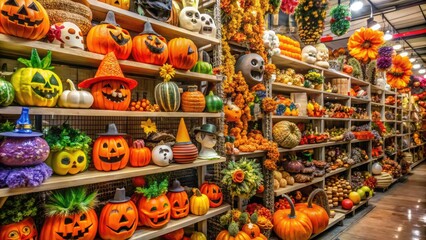 Colorful Halloween decorations and spooky seasonal items overflow from shelves in a popular discount store, signaling the start of the autumn holiday shopping season.