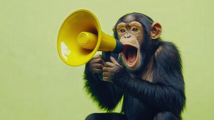 A cheerful monkey is seen speaking into a megaphone against a solid lime green background, showcasing a playful mix of jungle creatures 