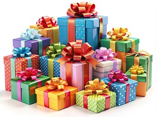 Colorful illustration of assorted festive presents in various shapes and sizes, adorned with ribbons and bows, against a soft white background.