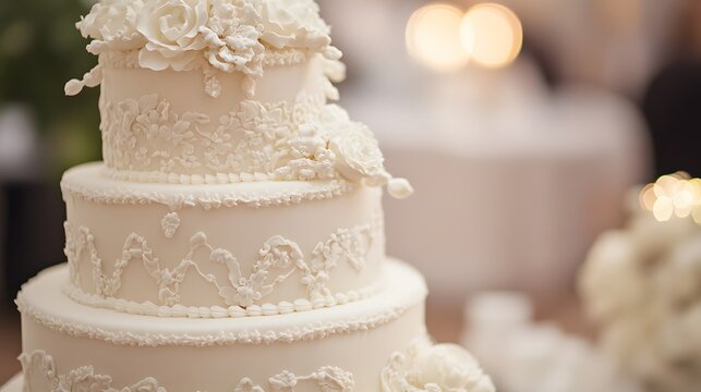 77. A pristine white wedding cake with elegant decorations