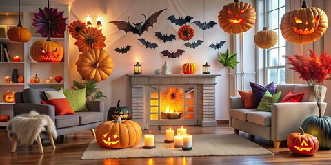 Obraz premium Colorful paper bats, pom-pom spiders, and glowing jack-o'-lanterns adorn a festive living room, creating a fun and effortless Halloween atmosphere for kids of all ages.