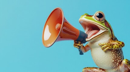 Creative announcement concept. An energetic frog is depicted croaking into a megaphone against a solid sky blue background, showcasing a playful mix of amphibian wildlife 