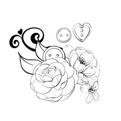 Buttons, sewing tool composition of romantic flowers, rose and peony, vintage springtime flower for design, logo, postcard. Isolated. Elegance retro botanical illustration. Graphic vector line, hand