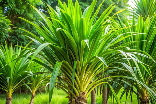 A dense and lush pandanas plant with long, flat leaves and a sturdy stem, set against a warm, tropical background.