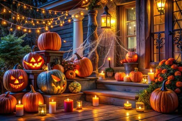 Obraz premium Colorful pumpkins, spooky lanterns, and eerie cobwebs adorn a dimly lit porch, creating a hauntingly beautiful and festive Halloween atmosphere, perfect for October celebrations.