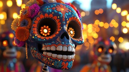 Fototapeta premium Colorful Sugar Skull Decorated with Flowers and Lights