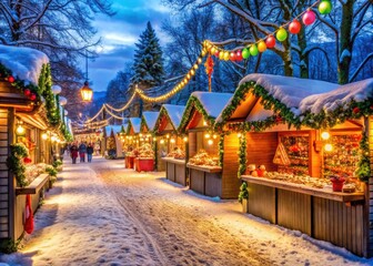 Obraz premium Colorful stalls adorned with festive lights and garlands offer an assortment of holiday treats, handicrafts, and ornaments amidst a snow-dusted winter wonderland atmosphere.