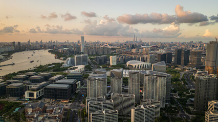 scenic aerial view of cityscape sunset Shanghai china 