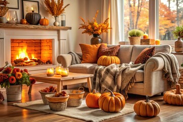 Cozy autumnal living room with warm-toned throw blankets, vintage pumpkins, and rustic decorative accents, evoking a sense of seasonal warmth and inviting comfort.